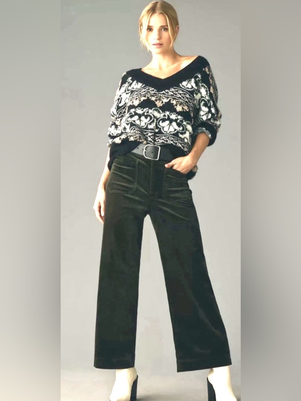 Maeve Dark Green Corduroy Wide-Leg Pants